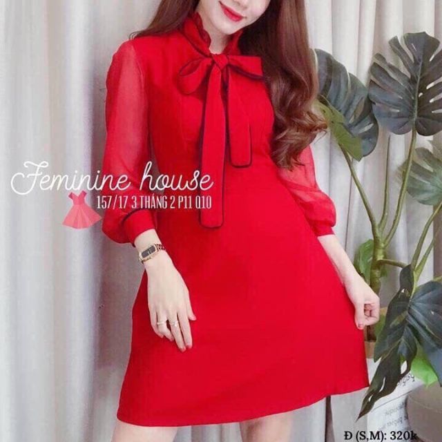 Đầm xòe cổ sơ mi tay phồng