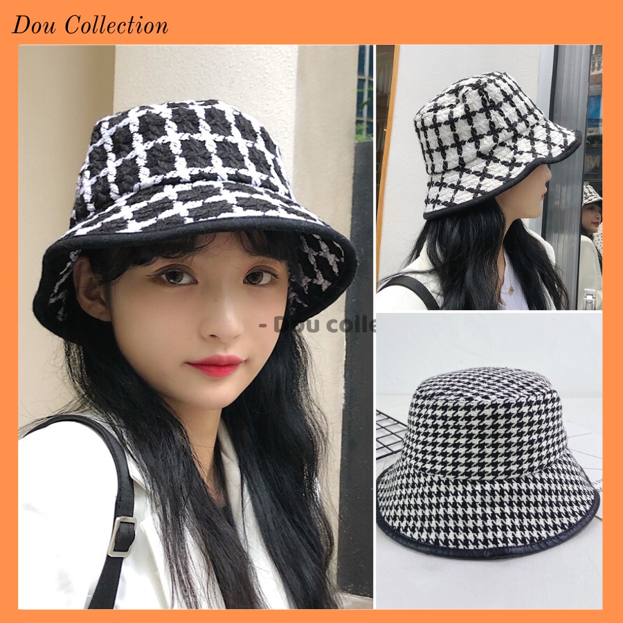 Mũ bucket len Unisex Retro vành ngắn họa tiết Houndstooth &amp; Caro thu đông phong cách Nhật Bản - Mã NV038