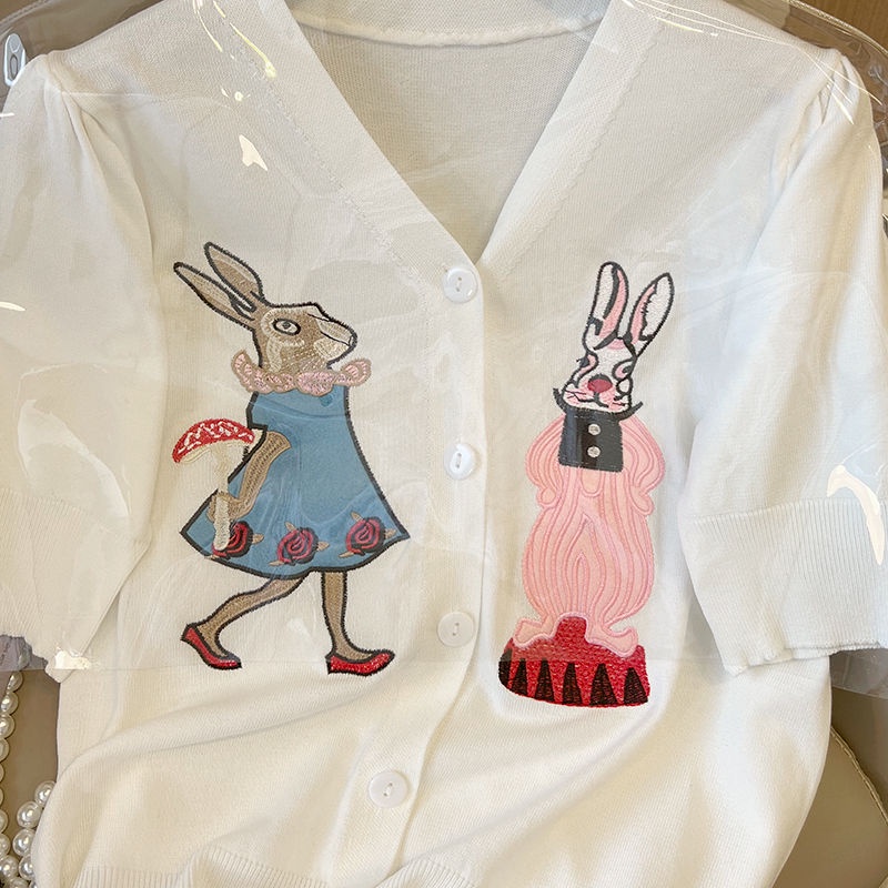 Áo Khoác Cardigan Dệt Kim Tay Ngắn Cổ Chữ V Thêu Hình Chú Thỏ Xinh Xắn Cho Nữ  tao bao
