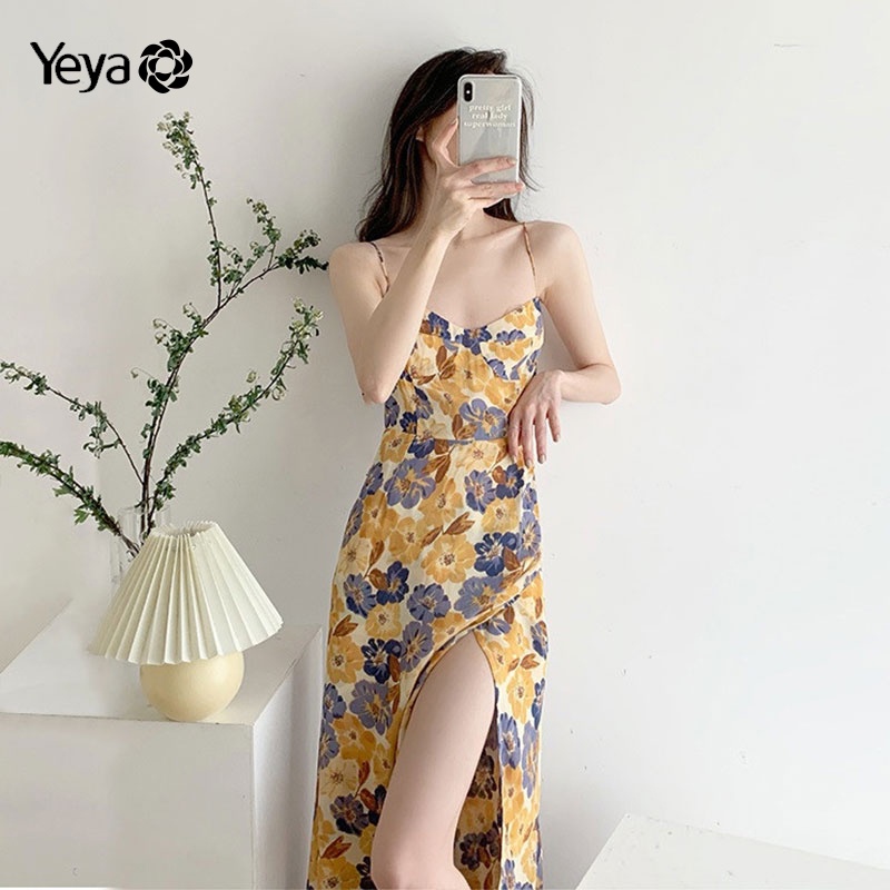 Đầm YEYA không tay xẻ tà in họa tiết cổ điển cho nữ
