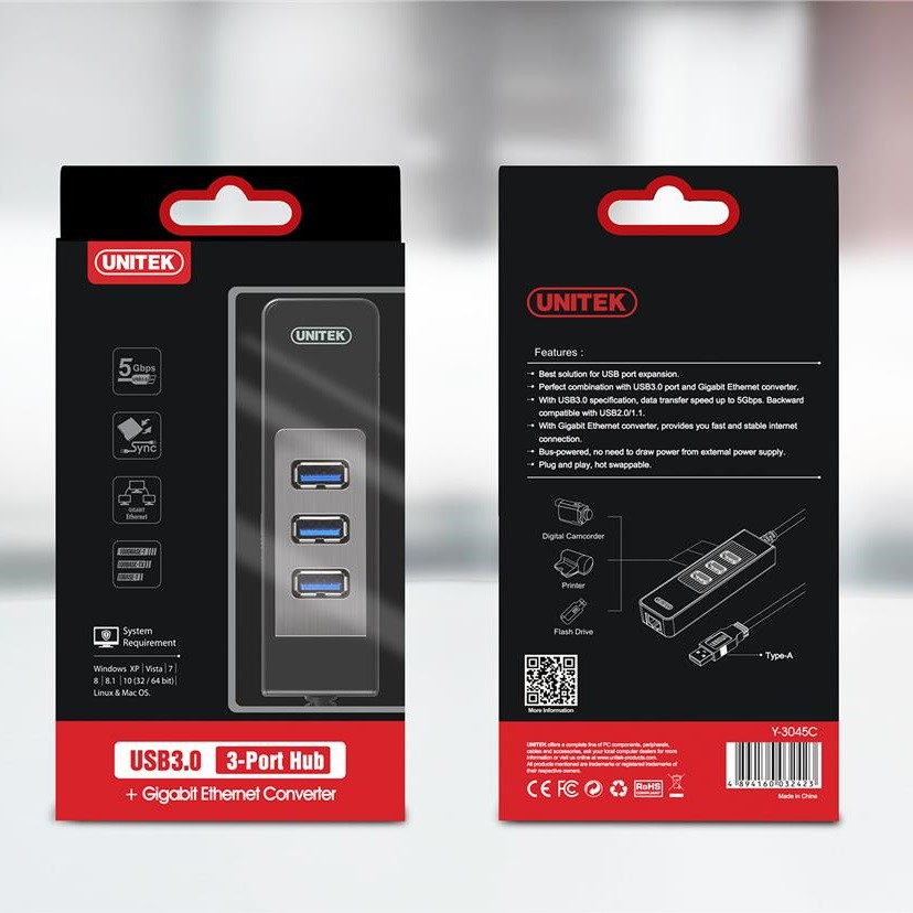 Bộ chia USB 3.0 ra 3 cổng USB 3.0 with Lan Gigabit Unitek Y-3045C