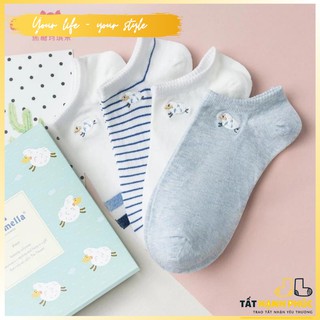 Set tất nữ cổ ngắn 4 đôi MẮT BIẾC tông xanh trắng pastel họa tiết thêu dễ thương