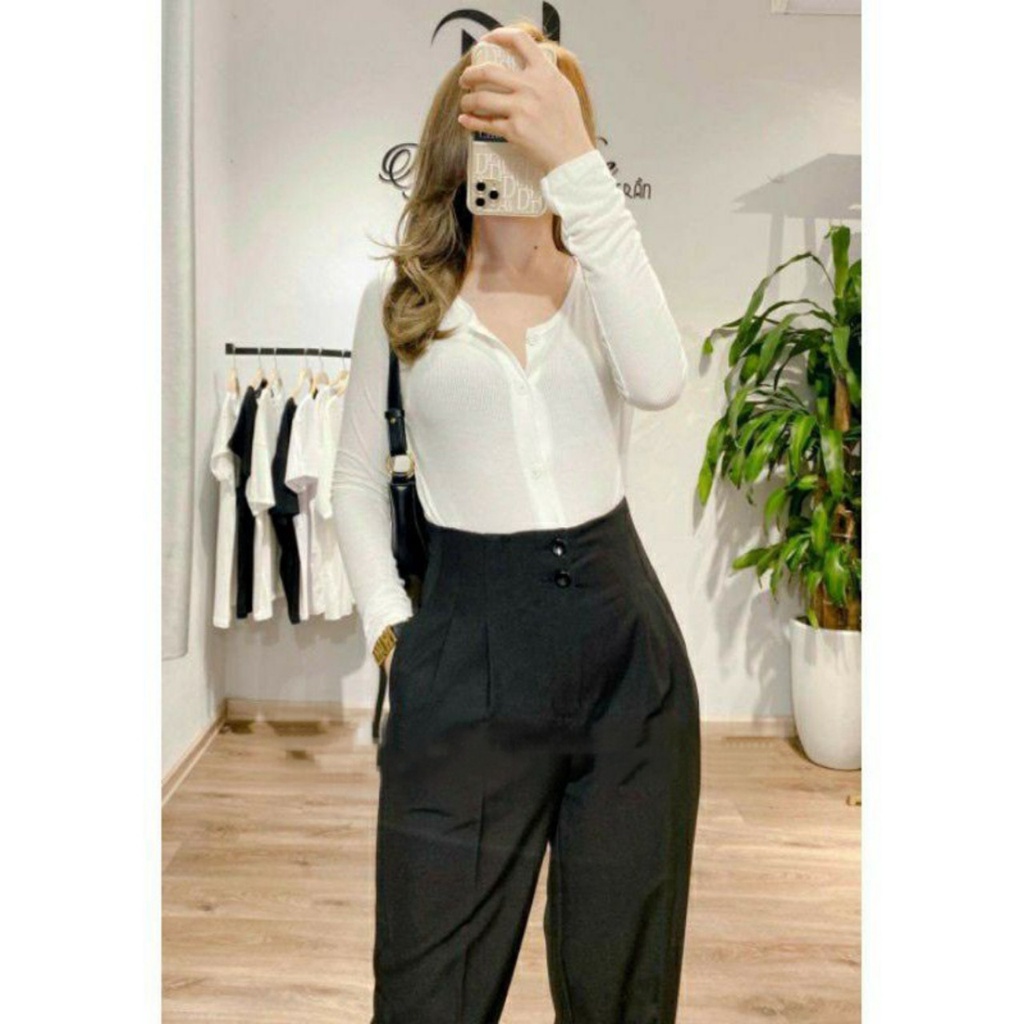 Quần Baggy nữ cạp cao liền dáng công sở phối 2 cúc màu đen chất vải tuyết mưa mềm Quần tây nữ lưng cao đi học mặc đi làm