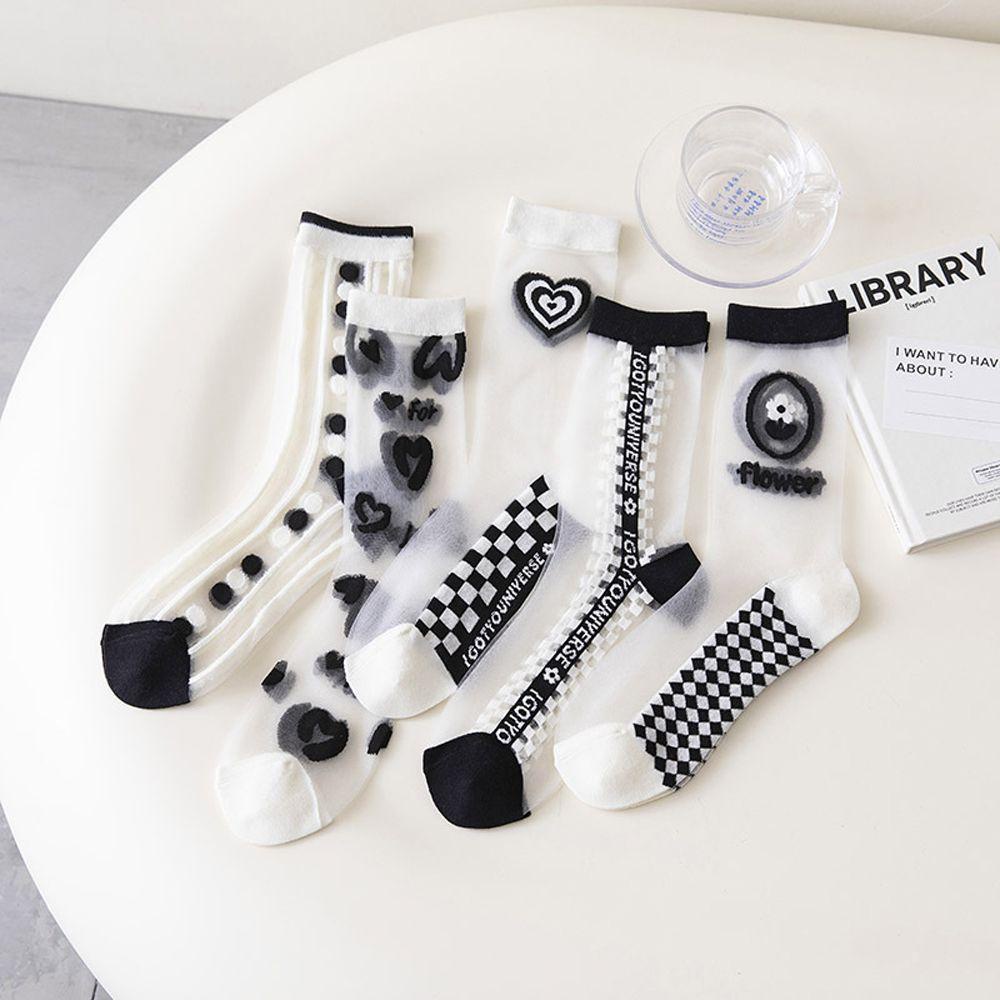 Vớ Nữ Kẻ Sọc Trong Suốt Họa Tiết Hoa / Trái Tim Phong Cách Harajuku Thanh Lịch