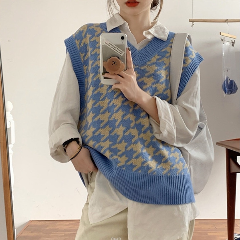 Áo Len Vest Dệt Kim Họa Tiết Kẻ Chui Đầu Dành Cho Nữ Phiên Bản Hàn Quốc Co Giãn [ hàng mới]
