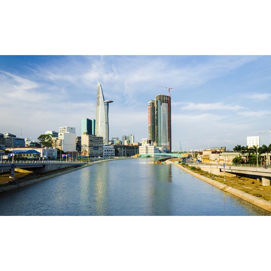 Tranh dán tường sài gòn 3D lung linh về đêm, nhà cao tầng, Miễn Phí chèn tên riêng Quán, chèn chữ và logo theo yêu cầu.