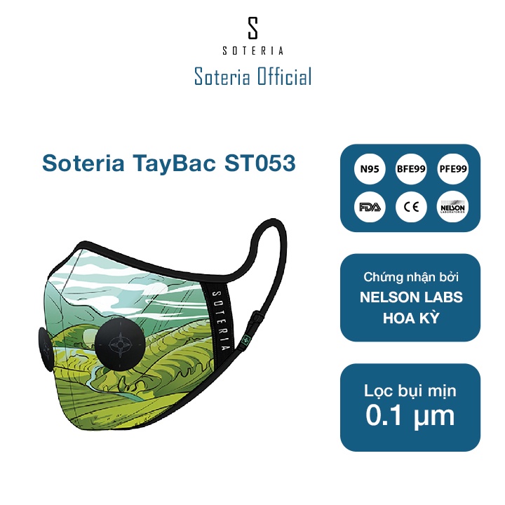 Khẩu trang tiêu chuẩn Quốc Tế SOTERIA TayBac ST053 - Bộ lọc N95 BFE PFE 99 lọc đến 99% bụi mịn 0.1 micro-Size S,M,L