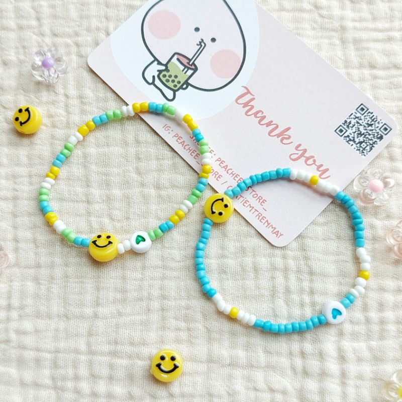 🙂 Vòng tay hạt cườm nhựa handmade nhiều màu kèm charm mặt cười, hình tim