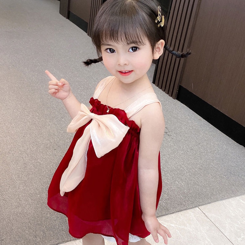 Đầm Công Chúa Sát Nách Đính Nơ Xinh Xắn Cho Bé Gái 1-3 Tuổi