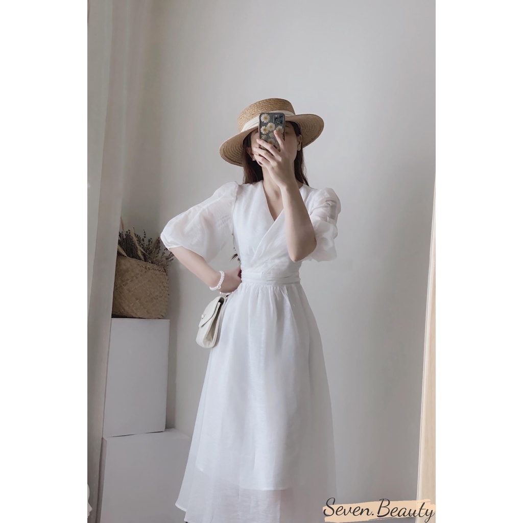 Váy nữ, đầm cổ V li eo 7.Beautiful chất tơ mềm, phong cách trẻ trung nữ tính hai màu cực xinh V106