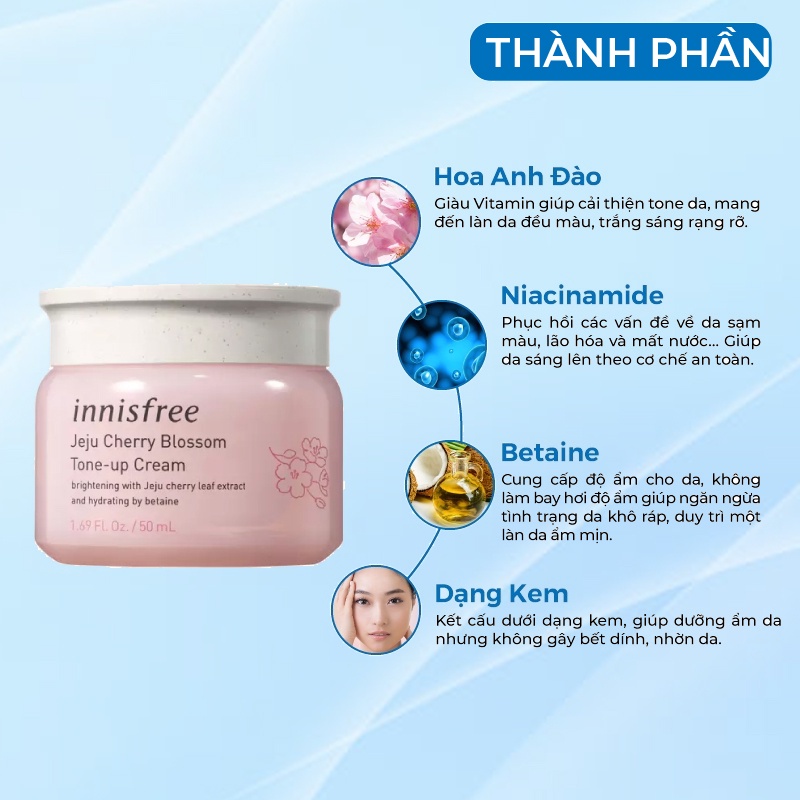 Kem trắng da dưỡng ẩm nâng tone chiết xuất từ Hoa Anh Đào đảo Jeju innisfree Cherry Blossom Tone Up Cream Hàn Quốc 50ml