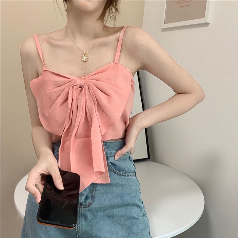 Áo Hai Dây Nơ To Nữ Màu Xanh, Trắng, Hồng Croptop Chất Mongtoghi Dệt Kim Siêu Co Dãn Loại 1 Sexy Tiểu Thư Hàn Quốc