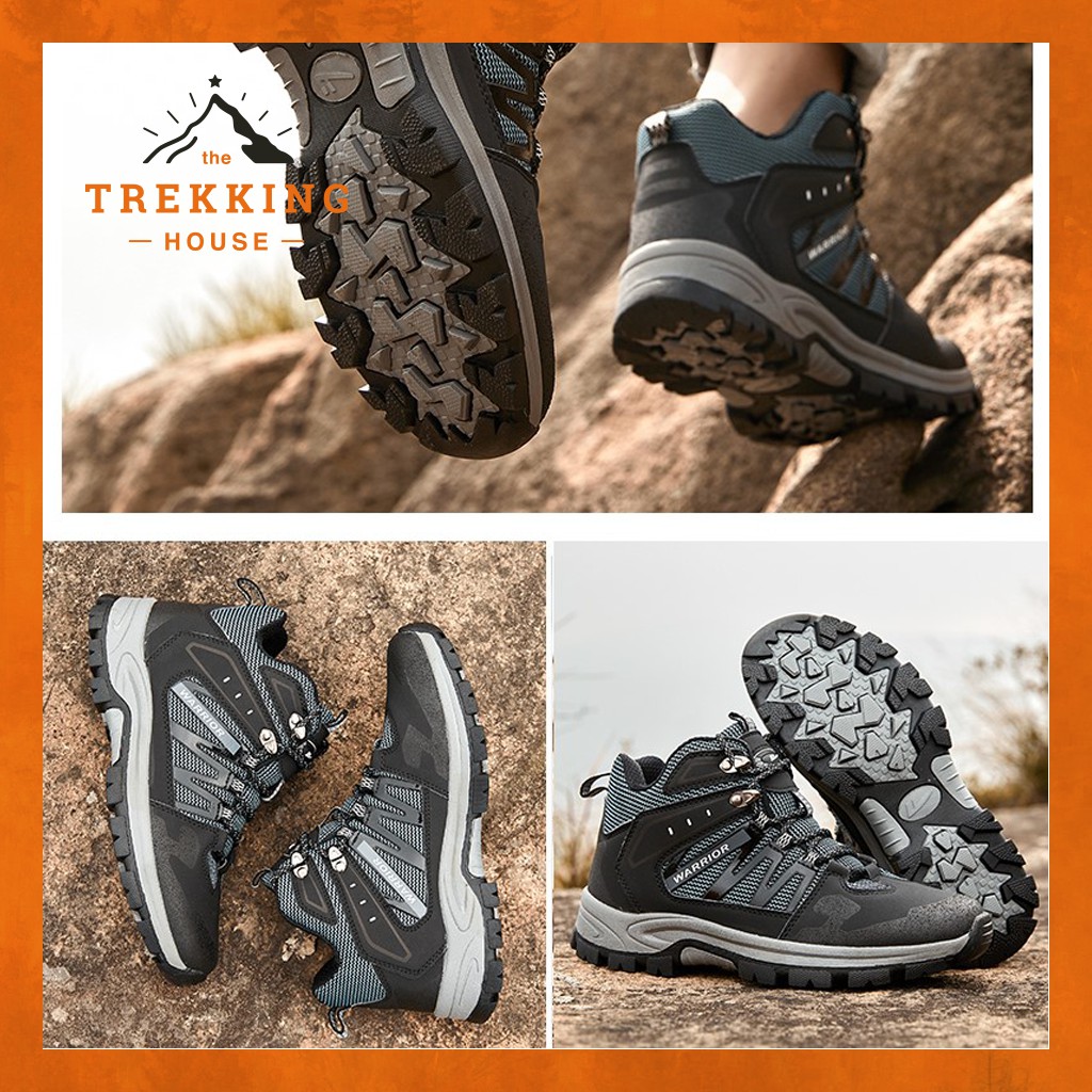 Giày leo núi trekking chống thấm Warrior Xám - Xanh, giày phượt outdoor dã ngoại