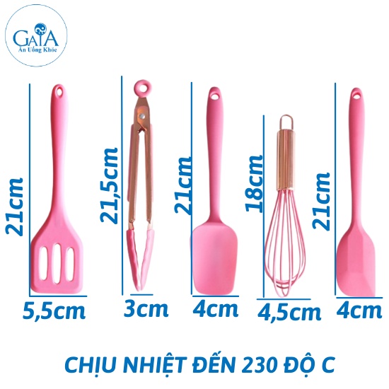 Set dụng cụ làm bánh 5 món màu hồng gồm phới dẹt/ phới thìa/ kẹp gắp/ cây đánh trứng/ sạn lỗ