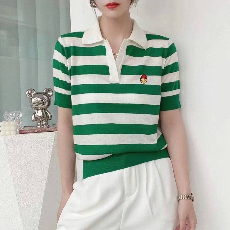 Áo thun ZHELIHANGFEI dệt kim ngắn tay họa tiết kẻ sọc trẻ trung