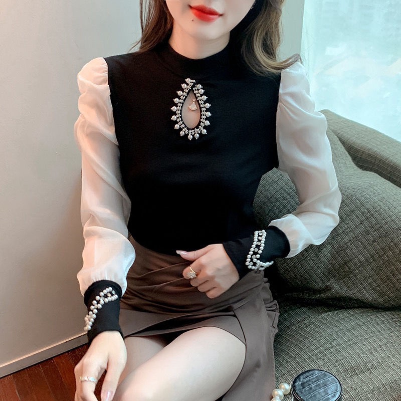 Áo Sweater Dệt Kim Tay Phồng Dài Cổ Lọ Đính Hạt Rỗng Kiểu Hàn Quốc Dễ Thương
