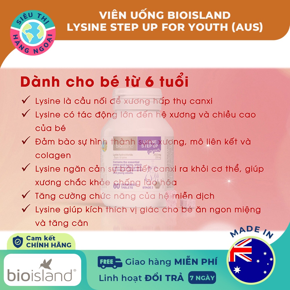 Viên nhai Hỗ trợ Tăng chiều cao cho bé Úc Bio Island Lysine Step Up for Youth 60 viên