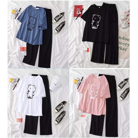 Set đồ bộ nữ áo thun in gấu form thụng tay lỡ+ quần ống rộng đen mặc đi học đi chơi đẹp