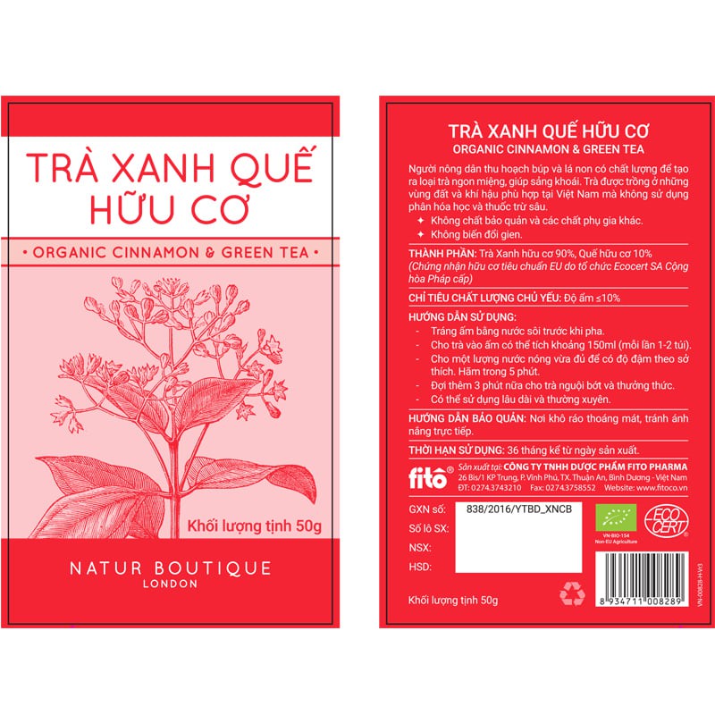 Trà Xanh Quế Hữu Cơ Natur Boutique FITO Organic Cinnamon Green Tea (20 teabags)