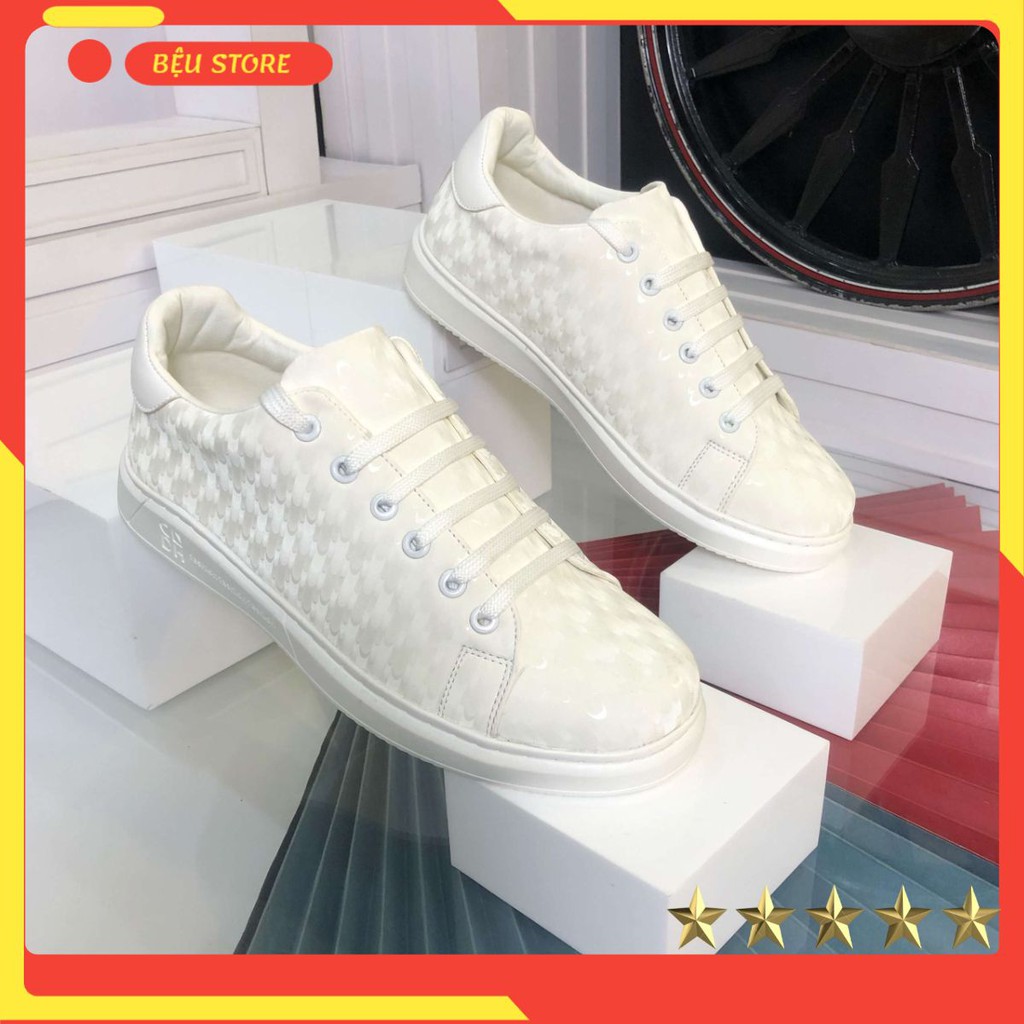 Giày Nam Trắng ⚜️Bệu Store⚜️ Giày Da Sneaker Nam Màu Trắng Vẫn 3D Siêu Chất - Phong Cách Dễ Phối Đồ