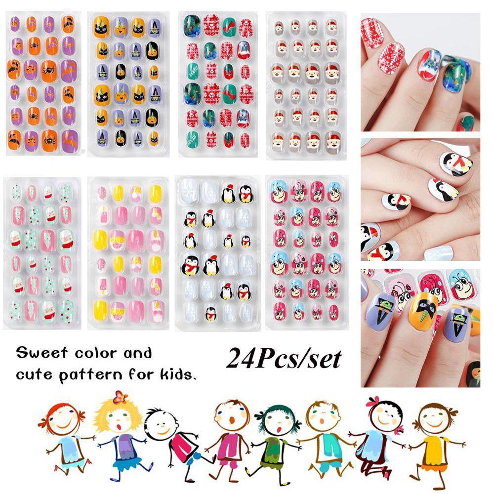 Set 24 Móng Tay Giả Hình Bông Tuyết Màu Sắc Kẹo Ngọt Phong Cách Halloween Dành Cho Trẻ Em