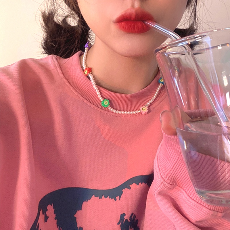 Vòng cổ đính hạt có mặt ngọc trai hình hoạt hình dễ thương nhiều màu sắc dành cho nữ