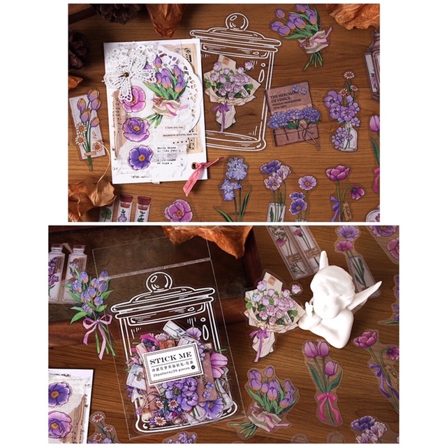 Nhãn dán sticker hoa đầy bình nghệ thuật