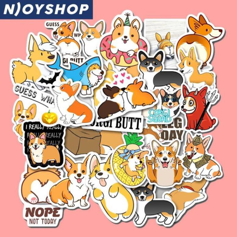 SET 50 MIẾNG STICKER CHÚ CHÓ CORGI DỄ THƯƠNG CHỐNG NƯỚC DÁN NÓN BẢO HIỂM, LAPTOP, VALI, TỦ, BÀN HỌC, XE MÁY