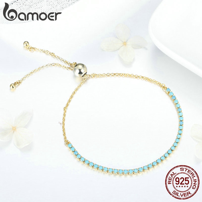 Vòng Tay Bamoer Dạng Chuỗi Xích Làm Bằng Bạc Đính Đá Ngọc Lam Mạ Vàng Thời Trang