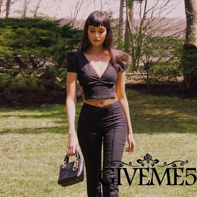 Áo thun tay ngắn cổ chữ v hở eo thời trang dành cho nữ