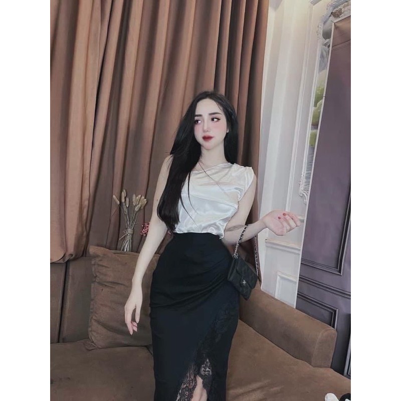 Đầm lụa lệch vai