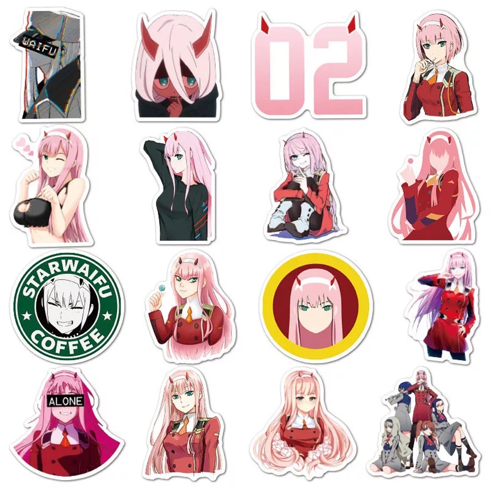 Set 50/100 miếng dán hình nhân vật anime Zero Two Franxx bằng PVC chống thấm nước dùng để trang trí đa năng