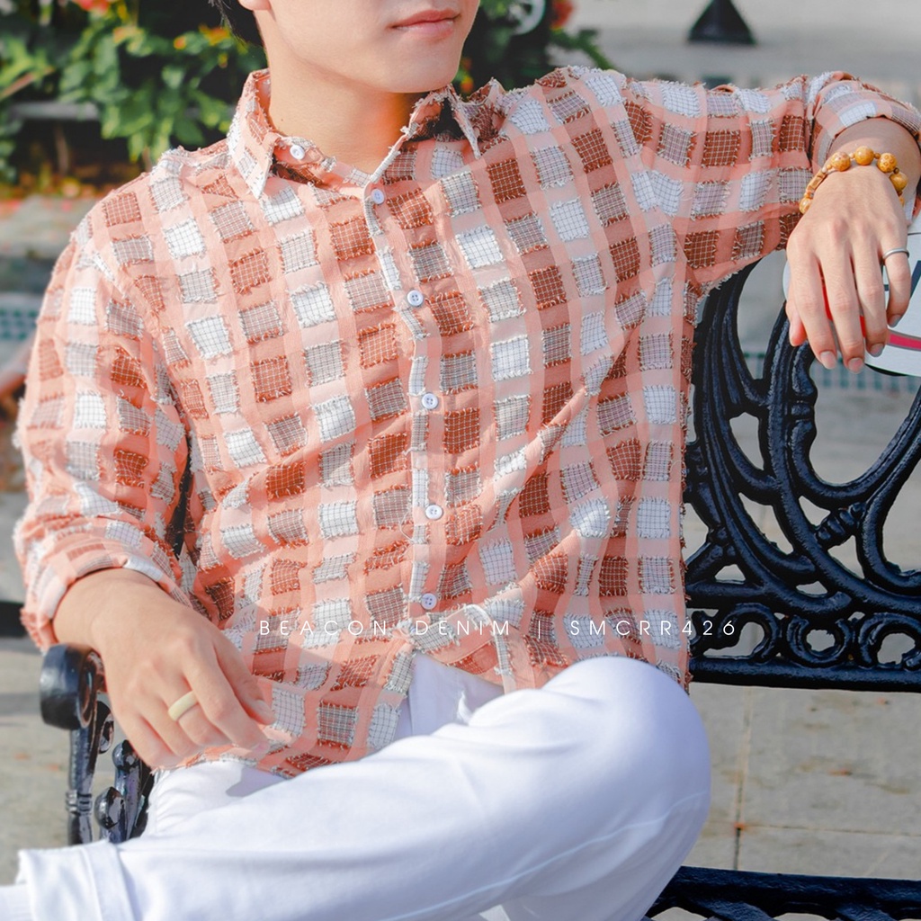 Áo Sơ Mi Nam Mẫu Caro Tua Rua Cam San Hô BEACON DENIM Form Rộng SMCCR426