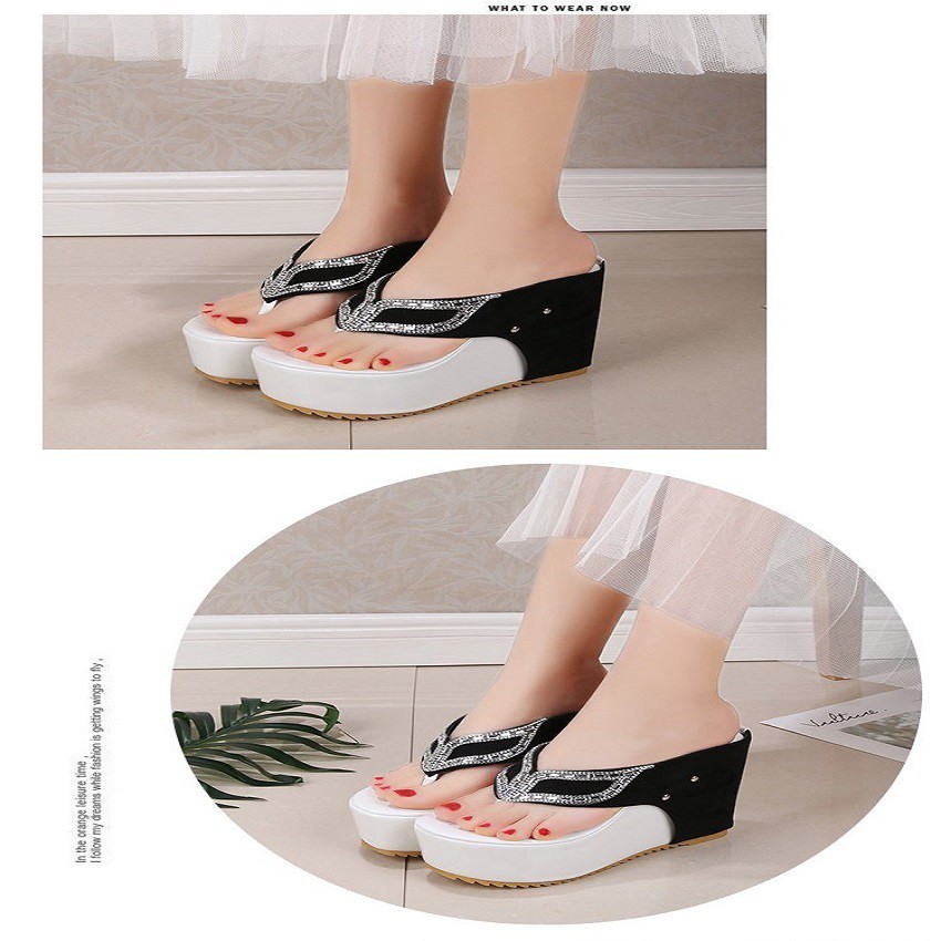 ⚡ Dép đế xuồng nữ chất nhung lì ép đá - Dép đế xuồng cao 10cm - Dép nữ màu đen - NA001