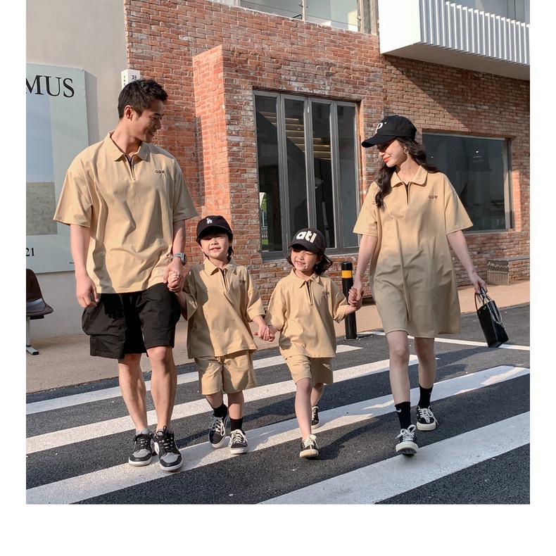 Áo gia đình cổ trụ Familylove -  áo đầm polo có cổ phối dây kéo Logo Our đơn giản chất nỉ da cá cotton loại 1