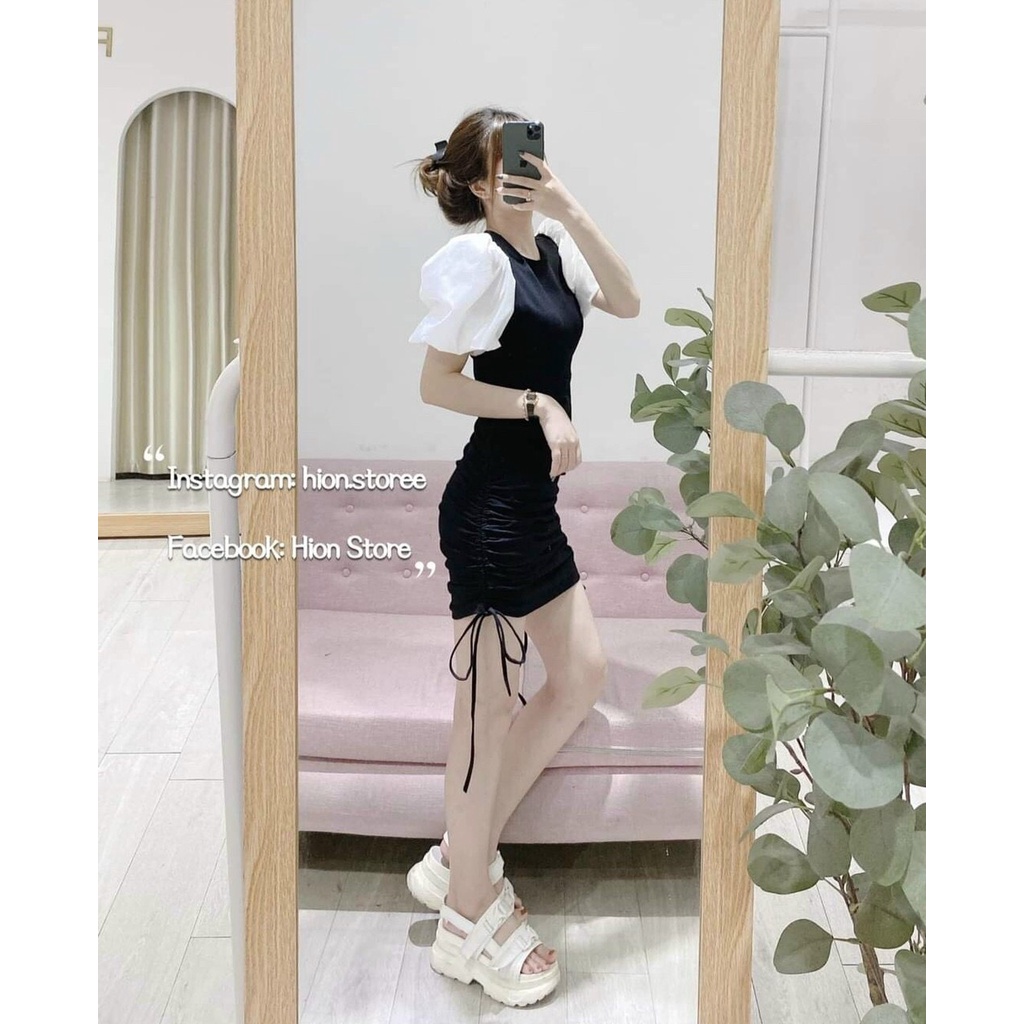 Đầm Nữ Body Cổ Tròn Tay Phồng Phối Voan Cực Xinh Họa Tiết Rút Dây Bên Sườn Dễ Thương