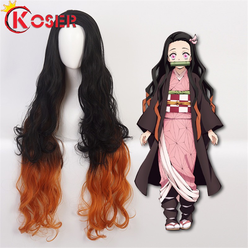 Tóc giả xoăn dài sợi tổng hợp chịu nhiệt hóa trang nhân vật anime Kamado Nezuko Demon Slayer Kimetsu No Yaiba cho nữ