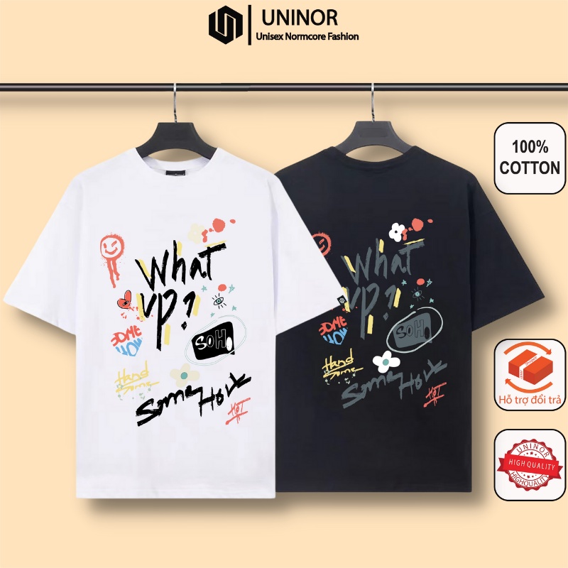 Áo thun unisex tay lỡ form rộng 100% cotton áo phông nam nữ thời trang in hình thời trang Whatsup