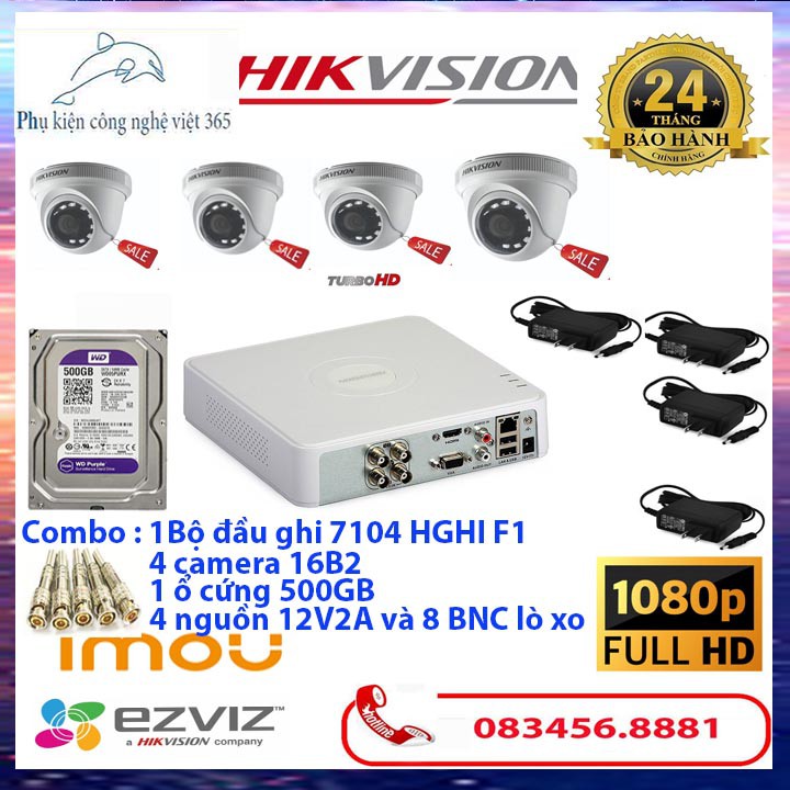 Combo: Đầu ghi hình Hikvision 7104HGHI + 4 mắt camera+ổ cứng 500GB HÀNG CHÍNH HÃNG