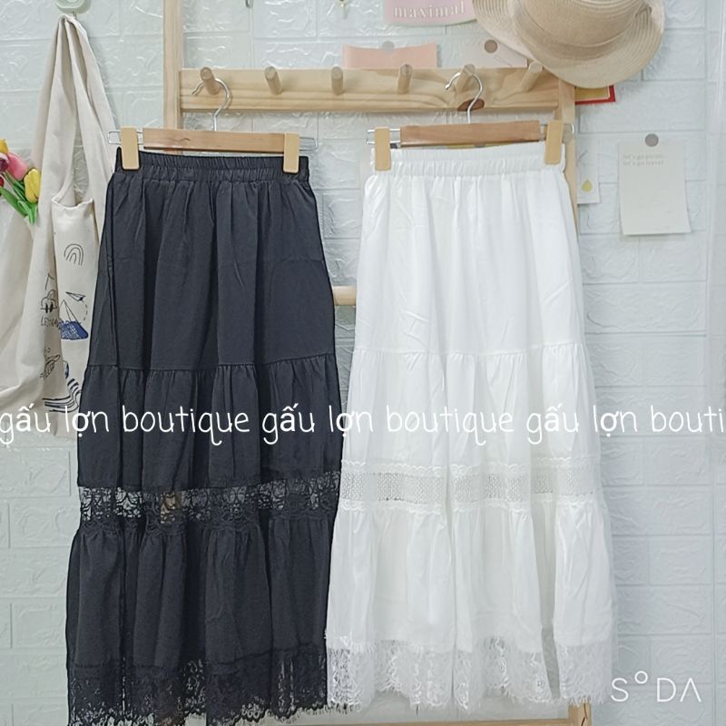 Chân váy midi xoè tầng phối ren vintage tiểu thư
