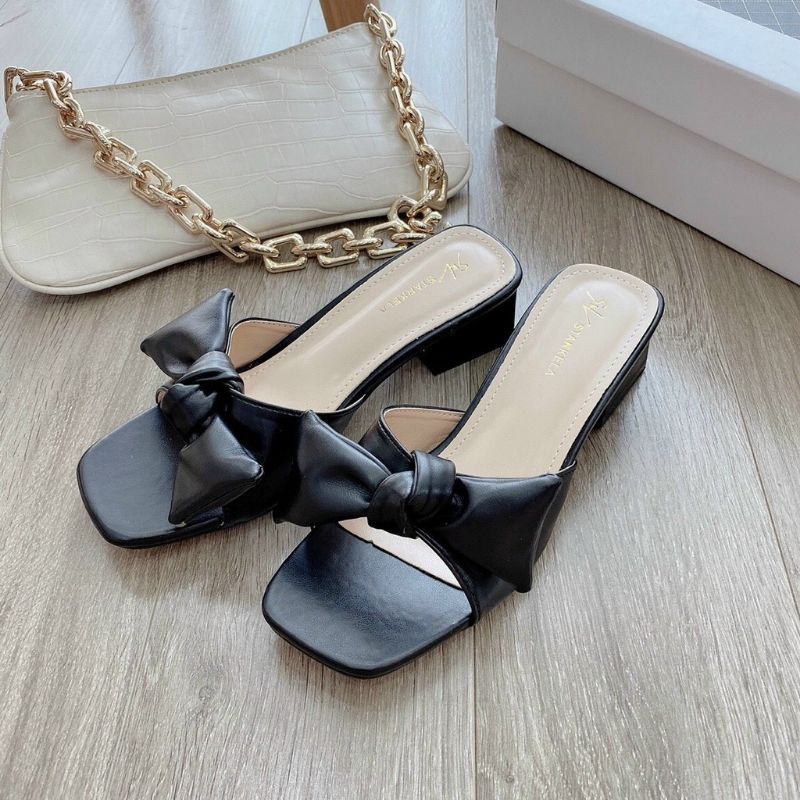 Guốc Dép Cao Gót Nữ Quai Nơ Đế Vuông 4P Siêu Xinh- mã SD36