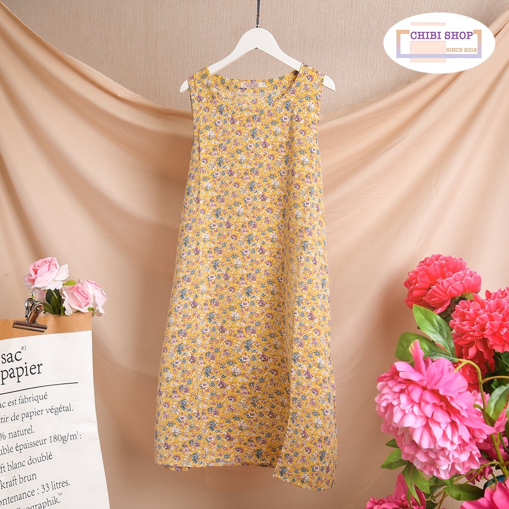 Đầm sát nách nữ mặc nhà chất lụa tuyết siêu mát hoa văn dáng dài-Đầm chữ A trung niên Chibishopsince2018