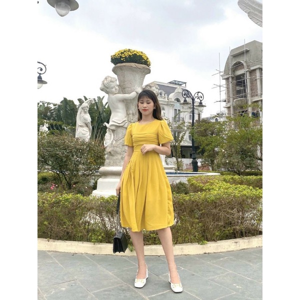 Váy đầm xếp ly ngực dáng xòe vải đũi tơ mát