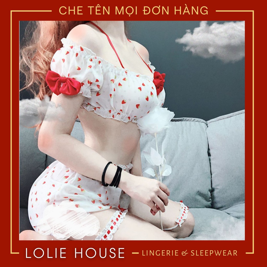 Bộ đồ ngủ Dâu tây trễ vai Dễ thương - Set ngủ Dâu tây sexy gợi cảm LOLIE HOUSE - SS5