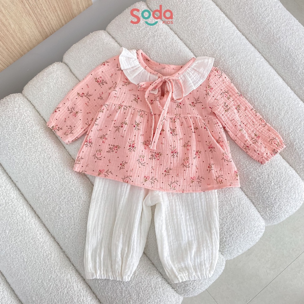 Pijama bé gái SODA KIDS Minnie chất liệu xô Muslin cổ bèo