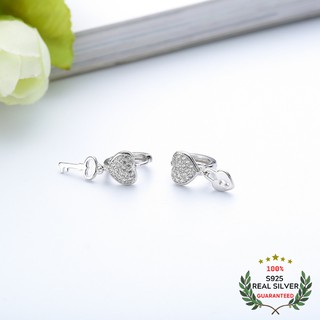 Bông Tai Bạc S925 Chìa Khóa & Ổ Khóa Trái Tim Bất Đối Xứng Dạng Khoen Tròn Đính Đá Zircon | Khuyên Tai Nữ Trang Sức Bạc