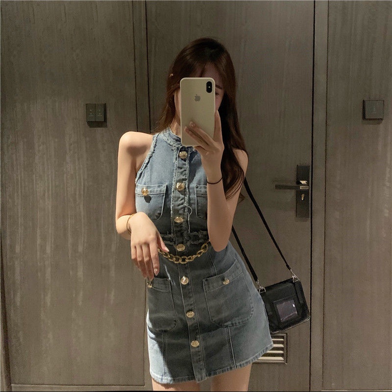 Jiashucheng Hàng Có Sẵn Đầm Denim Ngắn Dáng Chữ a Ôm Eo Sờn Phong Cách Mới 2022 Mùa Hè Cho Nữ