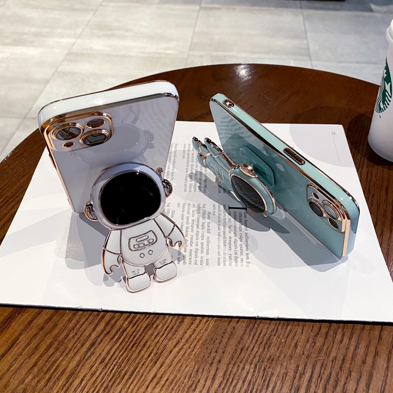 Ốp Điện Thoại Silicon Mềm Chống Sốc Có Giá Đỡ Hình Phi Hành Gia Mạ Viền Sang Trọng Cho iPhone 14 13 12 11 Pro Max
