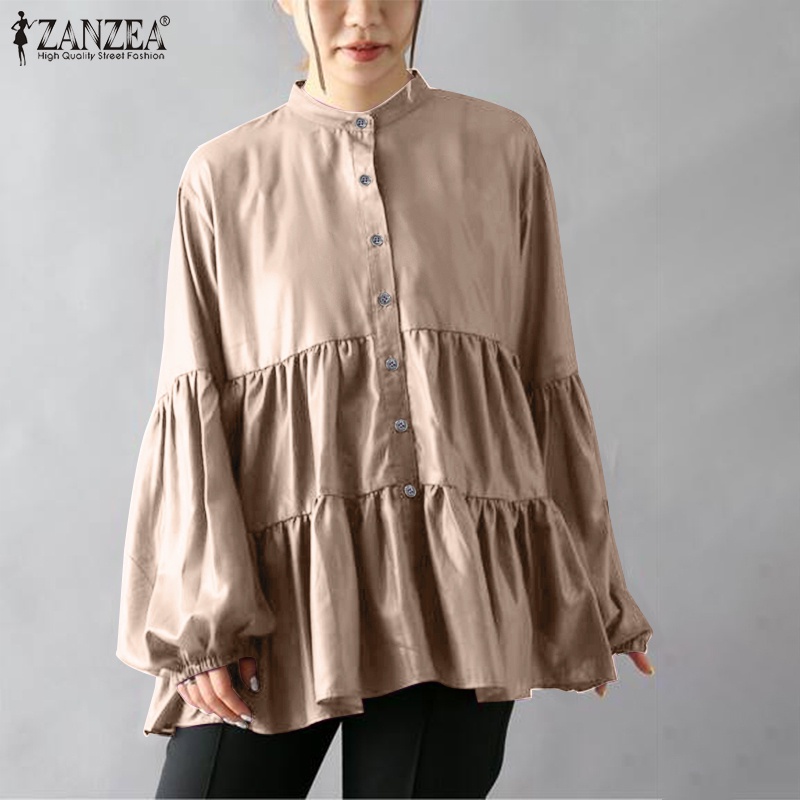 Áo kiểu Zanzea tay phồng dài chất liệu co giãn đính nút thời trang cho nữ