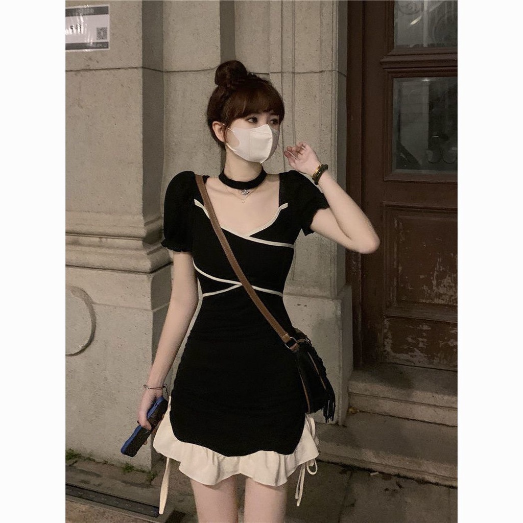 Đầm ngắn mỏng khoe eo cột dây màu phong cách hot girl kiểu Pháp mùa hè cho nữ hơi mũm mĩm